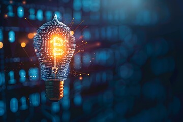 Poster - A light bulb made of binary code, symbolizing the power and potential in digital innovation. The dark blue background provides space for text or graphics. This design could represent the role of AI te