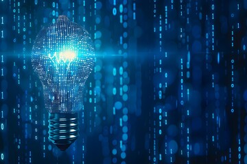 Poster - Abstract light bulb made of binary code, digital data flow and network connection symbols on a blue background with space for your design concept or presentation. High quality, professional photo ligh