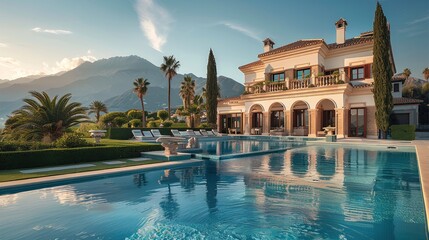 Aufkleber - A beautiful villa with swimming pool. Generative AI.
