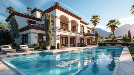 Aufkleber - A beautiful villa with swimming pool. Generative AI.