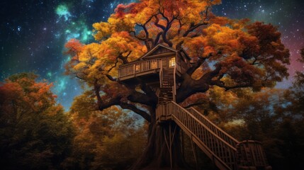 Sticker - Enchanted Treehouse Under Starry Sky