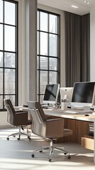 Poster - Modern office workspace with large windows and city view.