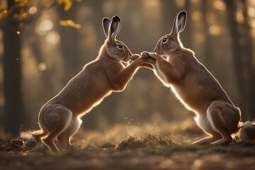 Wall Mural - boxing hares brown chasing corn ear eastern european female field fur green hairy hare male mammal nature portrait running sitting spring watch wheat wild