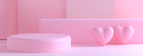 pastel pink round podium and two hearts against pink background