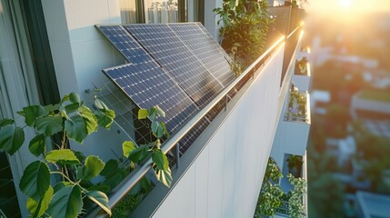 Aufkleber - Photovoltaic panel on balcony fence, side view, top view. Generative AI.