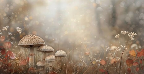 Wall Mural - Enchanted Forest With Mushrooms and Wildflowers in Soft Morning Light