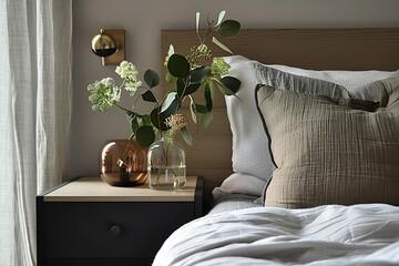 A close-up shot of the bedside table in a Scandinavian bedroom features elegant brass wall lamps and green vases. The focus is on soft grey linen bed sheets and pillows.