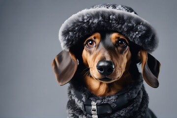 Wall Mural - dachshund gray sheepskin fallen portrait hat cute tan winter coat eyes isolated background clothes black fur dog breed clothing sweatshirt cold sweater sausage frankfurter wiener pet animal canino