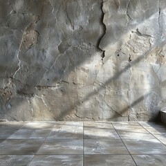 Poster - Textured Concrete Wall With Dramatic Shadows and Tiled Floor in Minimalist Interior Space
