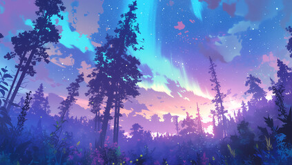 Wall Mural - Beautiful forest with tall trees, starry sky and aurora borealis, illustration