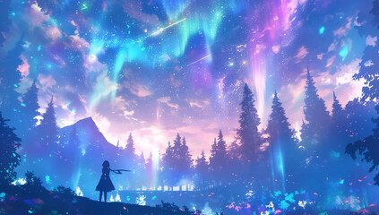 Wall Mural - Beautiful forest with tall trees, starry sky and aurora borealis, illustration