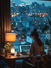 Aufkleber - A simple home background. young woman in casual sits at her desk and works on laptop, working late into the night in a dark room. In front of her is an office table with a city view. Generative AI.