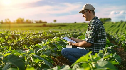 Aufkleber - Farmer agronomist on a soybean field Agricultural industry : Generative AI