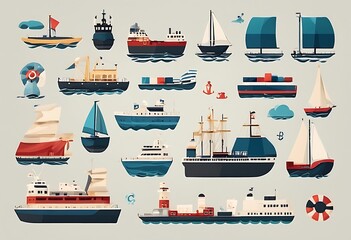 style set top icons design maritime Water view transport flat carriage Ship Boat Aerial Map Icon River Cruise Sea Yacht Harbor Barge Cargo Ocean Port Sail Vessel Speedboat Fishi