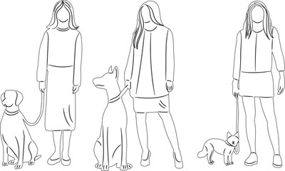 Sticker - women with dogs sketch, on white background vector