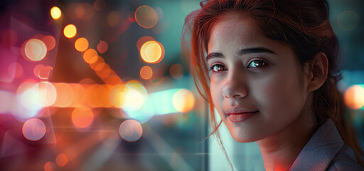 Leinwandbilder - A smart business woman looking at a device with blurred lights behind her in the background. Generative AI.