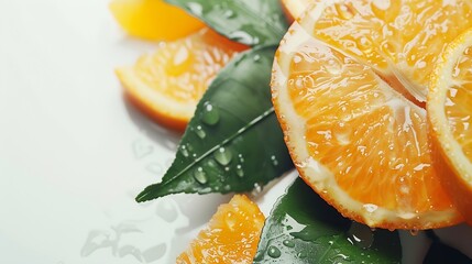 Poster - Orange fruit isolate Orange citrus with drops on white background Whole wet orange fruit with leaves Full depth of field : Generative AI