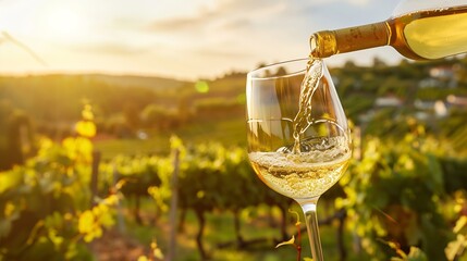 Poster - Wine glass with pouring white wine and vineyard landscape in sunny day Winemaking concept copy space : Generative AI