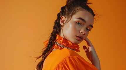 Wall Mural - Braided hairstyle Portrait of a beautiful fashion model girl in an orange blouse on an orange studio background Summer collection Bright colors : Generative AI