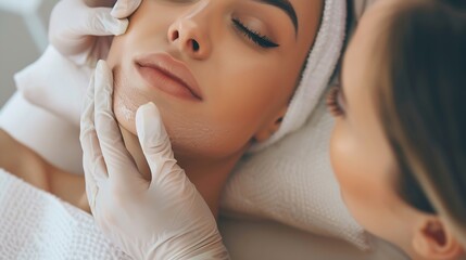 Poster - Dermatologist examining skin on womans face Beautician doing beauty procedure in her office Young lady getting professional help during appointment visit to expert in cosmetology and d : Generative AI