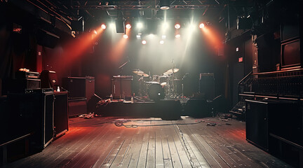 Aufkleber - A small live venue stage, where bands or hip-hop perform, dark lighting. Generative AI.