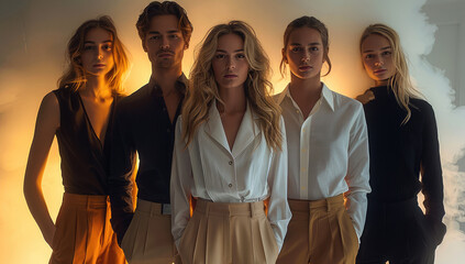Poster - Creative Office people, minimalistic and modern clothing, shot in studio. interesting lightning with high contrast, studio environment. Generative AI.