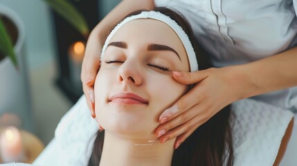 Wall Mural - Young woman getting facial massage on couch in spa salon closeup : Generative AI