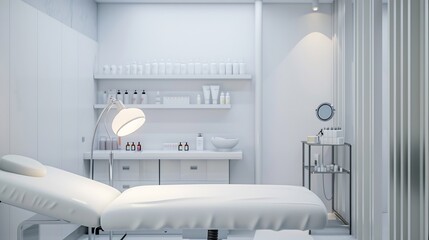 Beautiful interior of empty spa salon massage room beauty centre or dermatologists office with massage table modern lamp magnifier white walls and shelves with products for skin care p : Generative AI