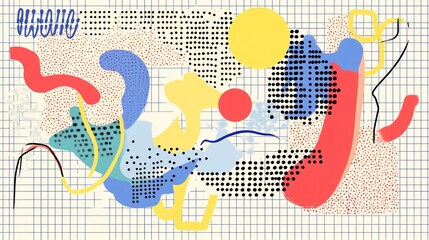 Wall Mural - Abstract Memphis design elements with squiggles, dots, and various shapes in pastel and primary colors on a grid background