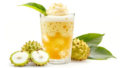 Poster - Annona glabra Fruity cold iced tea or yellow soursop fruit tea isolated on white background with salted milk foam cream topping trendy summer drink menu of Vietnam local fruits : Generative AI