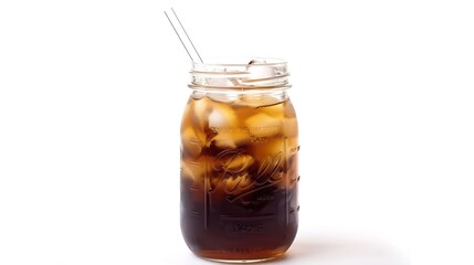 Poster - Mason jar glass of iced tea with straw isolated on a white background : Generative AI