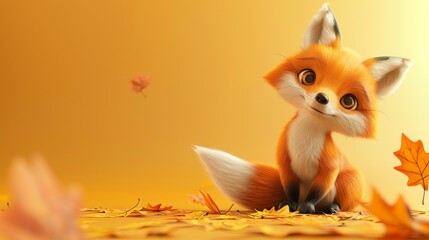 Wall Mural - A cartoon fox sits in a field of fall leaves.