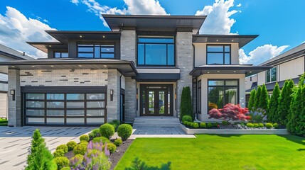 Aufkleber - Real Estate Exterior Front House on a sunny day Big modern custom made luxury house with nicely landscaped front yard in summer Beautiful house entrance with a green lawn Perfect neigh : Generative AI