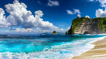 Wall Mural - Scenery of sunny day with sand beach turquoise ocean blue sky waves and mountains View of Diamond beach Nusa Penida Bali island Indonesia Wallpaper background Natural scenery : Generative AI