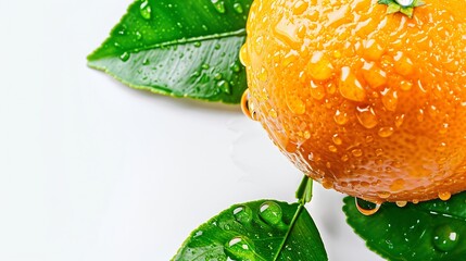 Poster - Orange fruit isolate Orange citrus with drops on white background Whole wet orange fruit with leaves Full depth of field : Generative AI