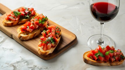 Tasty bruschetta served with wine on white background : Generative AI