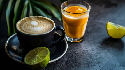Poster - Latte Americano Orange juice Lime tea served on dark background : Generative AI
