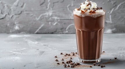 Poster - Chocolate milkshake with whipped cream served in glass on the light gray table : Generative AI