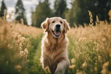 active spring field dog retriever golden happy walking grass nature summer pet cute running animal meadow walk puppy young green park fun funny canino outside mammal friends breed playful outdoors