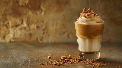 Poster - Dalgona coffee or whipped instant coffee New popular food and drink trend Light background one glass with copy space : Generative AI