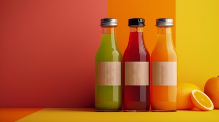Poster - juice bottles with blank label : Generative AI