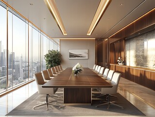 Modern Luxury Office Boardroom with City View.