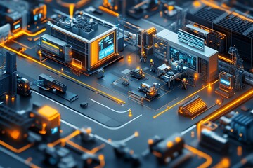 Poster - Futuristic Factory Production Line with Screens.