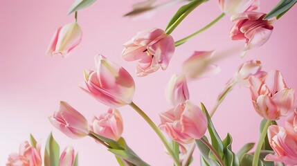 Sticker - Tulip flowers falling into beautiful bouquet on pink background : Generative AI