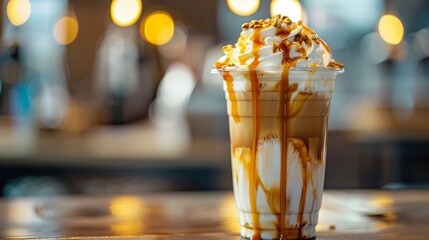 Poster - Iced caramel latte topped with whipped cream and caramel sauce refreshing and sweet coffee drink : Generative AI