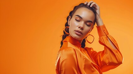 Wall Mural - Braided hairstyle Portrait of a beautiful fashion model girl in an orange blouse on an orange studio background Summer collection Bright colors : Generative AI