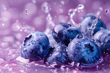 Poster - Refreshing Blueberries Splashing in Water with a Vibrant Purple Background