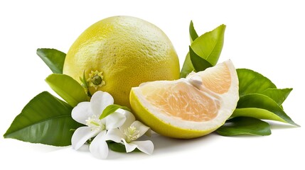 Poster - Isolated pomelo citrus fruit One whole pomelo and a peeled segment with leaves and flowers isolated on white background with clipping path : Generative AI