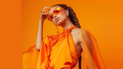 Poster - Summer bright collection High Fashion shot A beautiful fashion model girl in a designer orange cloak dress and trendy orange sunglasses poses on an orange studio background Braided hai : Generative AI