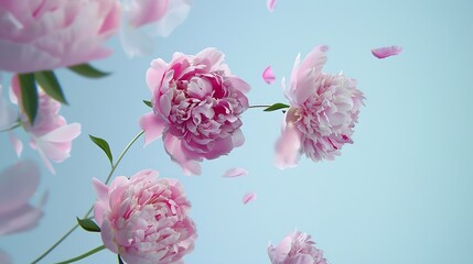 Wall Mural - Pink peony flowers flying to beautiful bouquet on light blue background : Generative AI